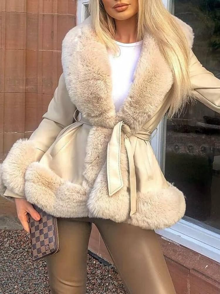 LUXURY LEATHER COAT WITH FUR BEIGE