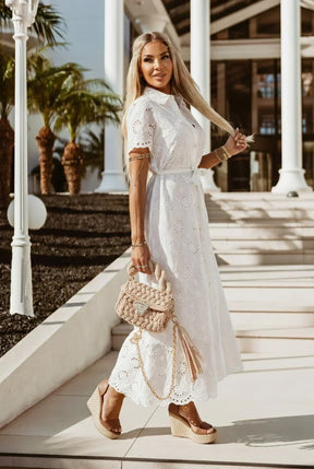 SUKIENKA AŻUROWA BAWEŁNIANA MAXI W STYLU BOHO KORONKOWA Z PASKIEM BIAŁA